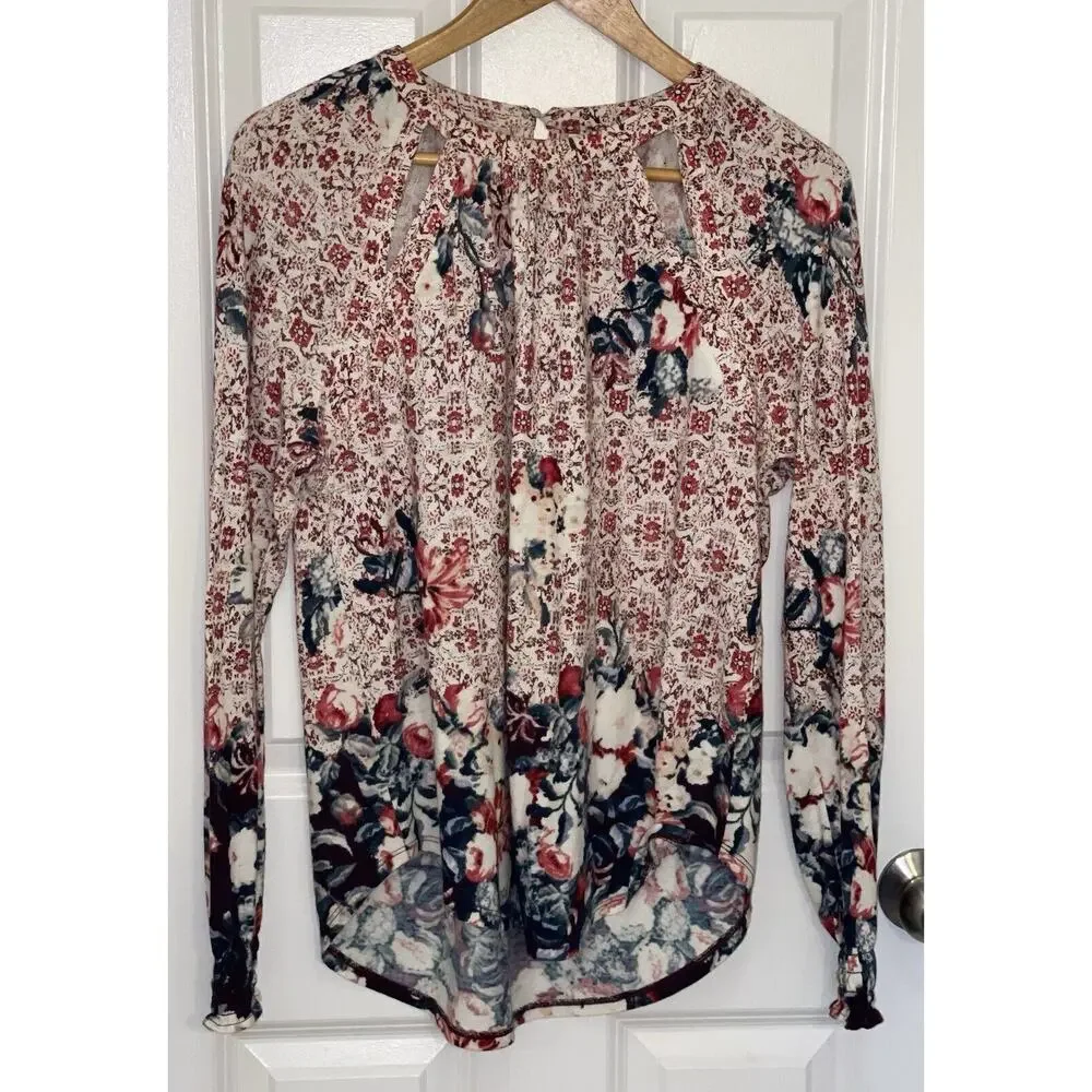 Lucky Brand Women's Boho Peasant Blouse Back Button Keyhole 2 Front Keyholes (M)